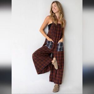 Natural Life Dakota Flannel Plaid Overalls - Rust